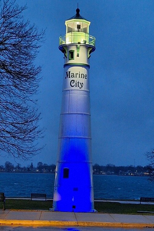 The Peche Island Rear Range Light house in Marine City shining blue for the #LightItUpBlue movement.
