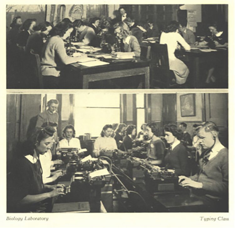 Students work in the biology laboratory and typing class at Port Huron Junior College, 1942.
