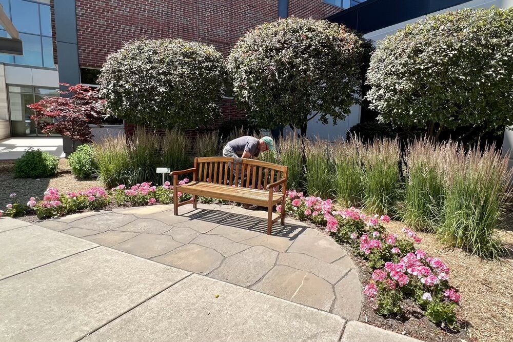 Precision Care landscapers planting gladiolas on the grounds of McLaren Port Huron.