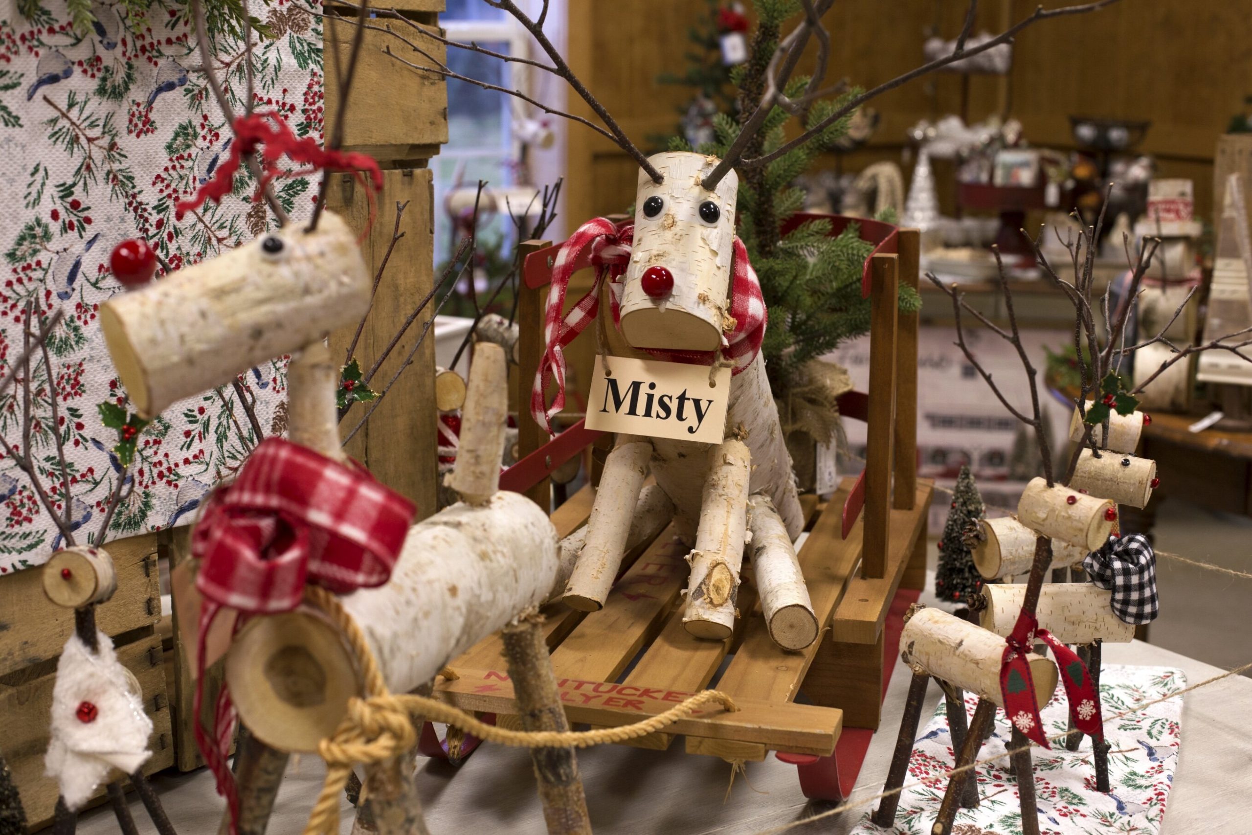 Birch reindeers are a popular holiday decoration offered in the Christmas tree farm's gift shop.