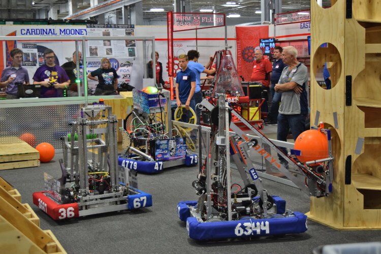 Robots are on display in the practice facility.