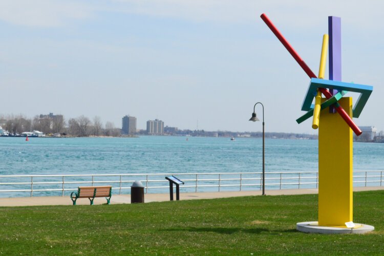 Colorful shapes create this interesting statue.