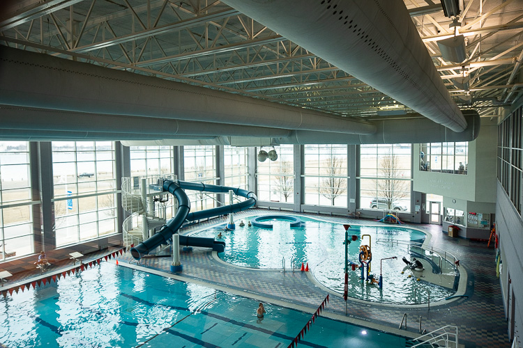 Blue pools invite people in at the YMCA, rain or shine.