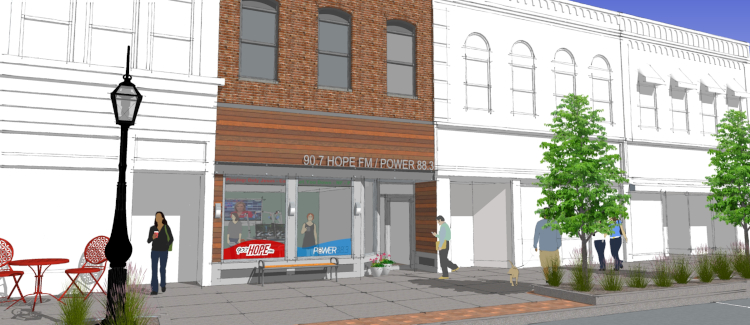 Renderings show the facade of the radiot station.