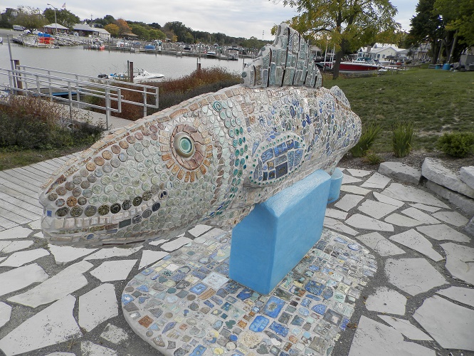 Uncountable tiles make up the exterior of Wally the fish.