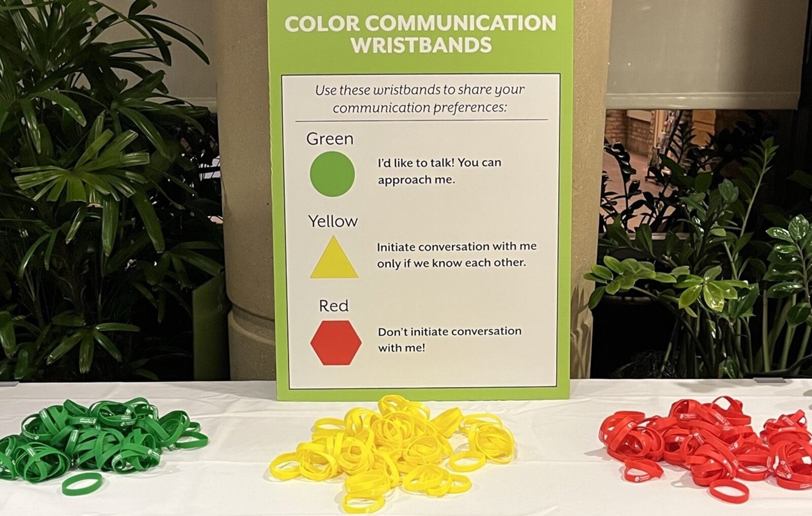 Wristbands are available so participants can let others know if they are open to conversation or not.