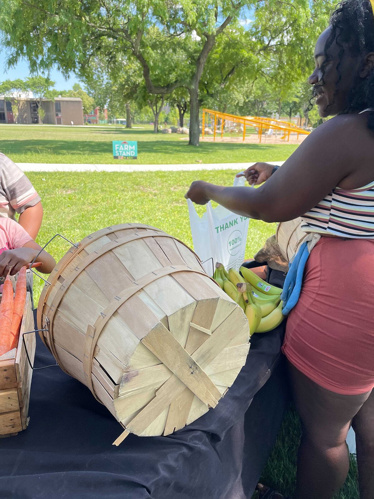 A farm stand at Butzel Family Recreation Center in Detroit, sponsored by Henry Ford Health, Come Play Detroit, and Eastern Market.