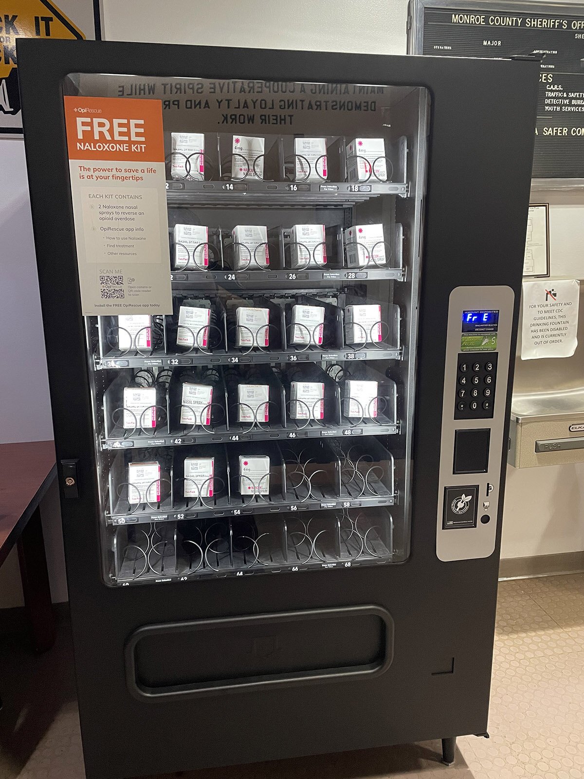 A naloxone vending machine in the lobby of the Monroe County Jail.